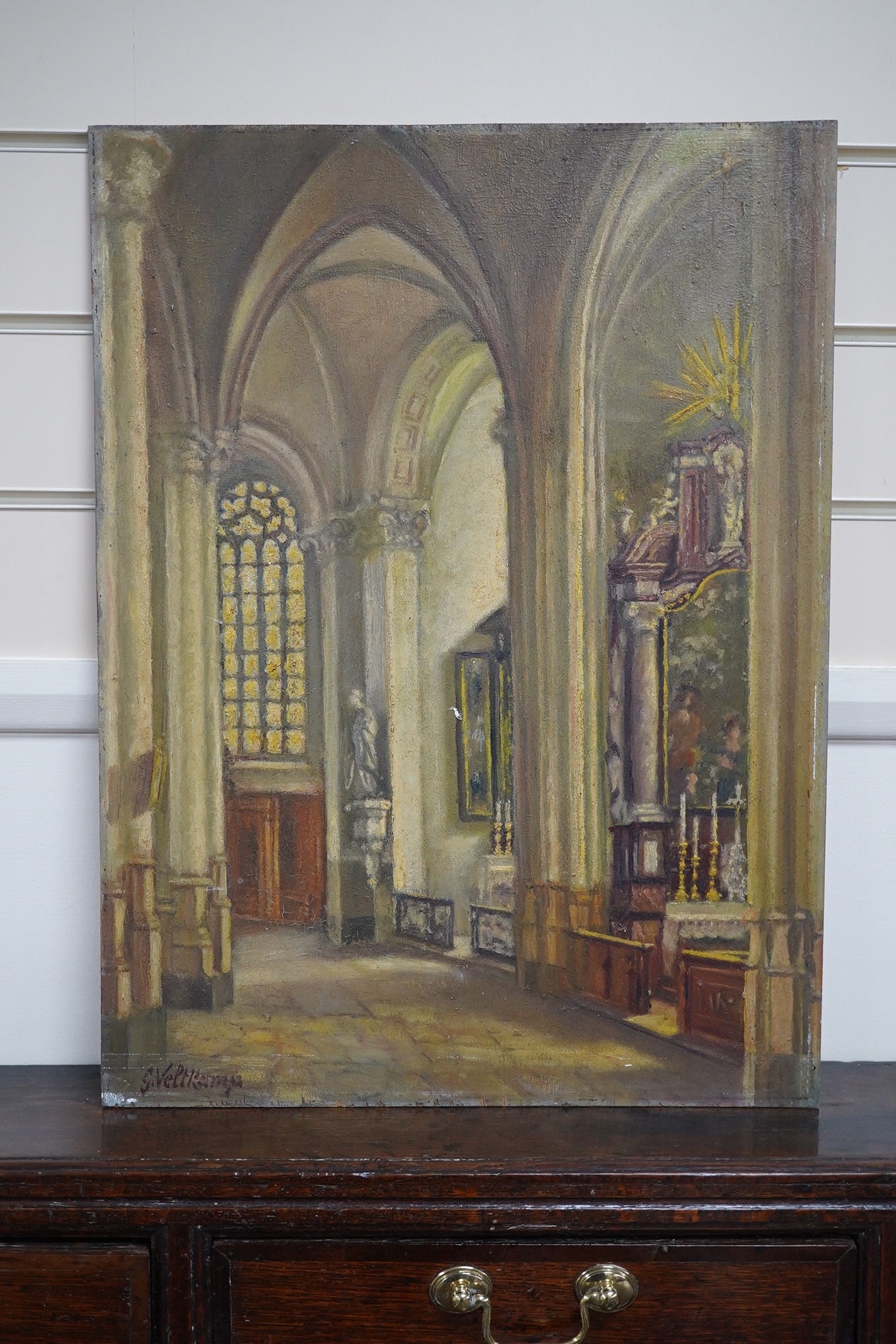 Dutch school, oil on board, interior of a church, indistinctly signed lower left, unframed, 56 x 41cm. Condition - fair